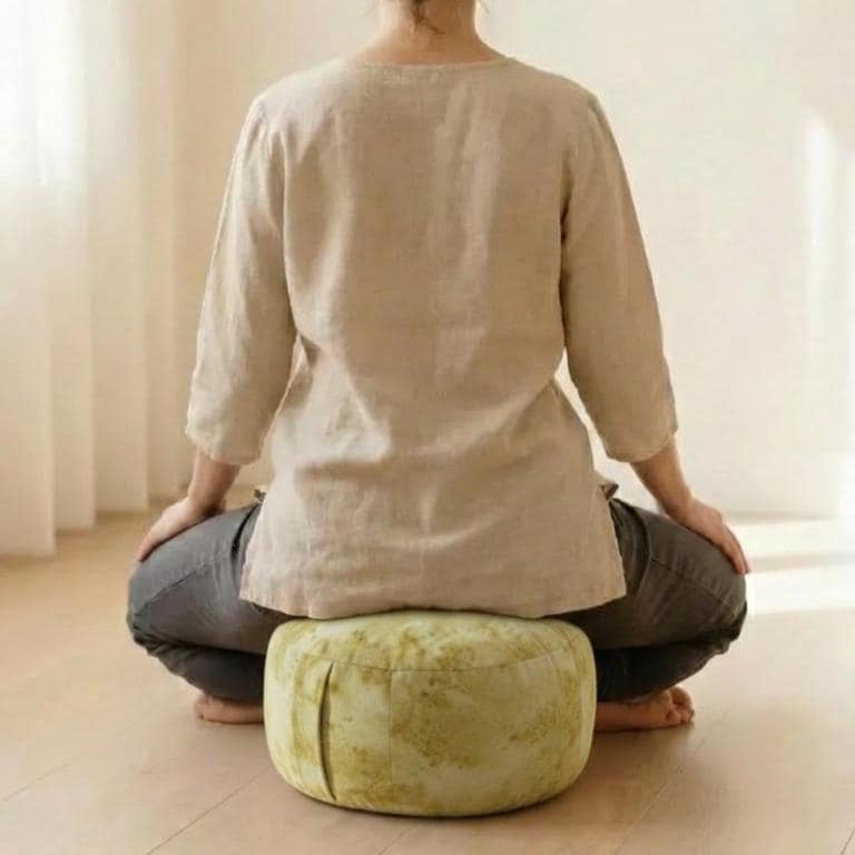 Person sitzt auf gelbem Bio Meditationskissen, Rückenansicht, entspannte Haltung.
