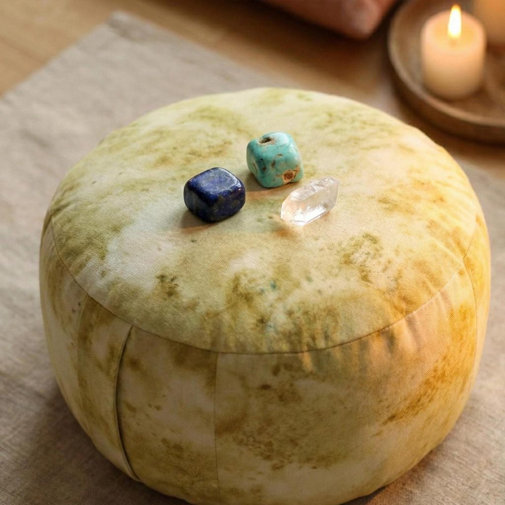 Kreativ-Kristalle arrangiert auf gelben Meditationskissen für kreative Meditation und Chakrenarbeit.