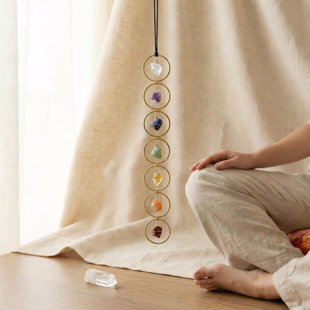 7-Chakra Talisman mit sieben natürlichen Edelsteinen wie Amethyst, Bergkristall, Lapislazuli und Jaspis – achtsamer Anhänger für Meditation & Balance.