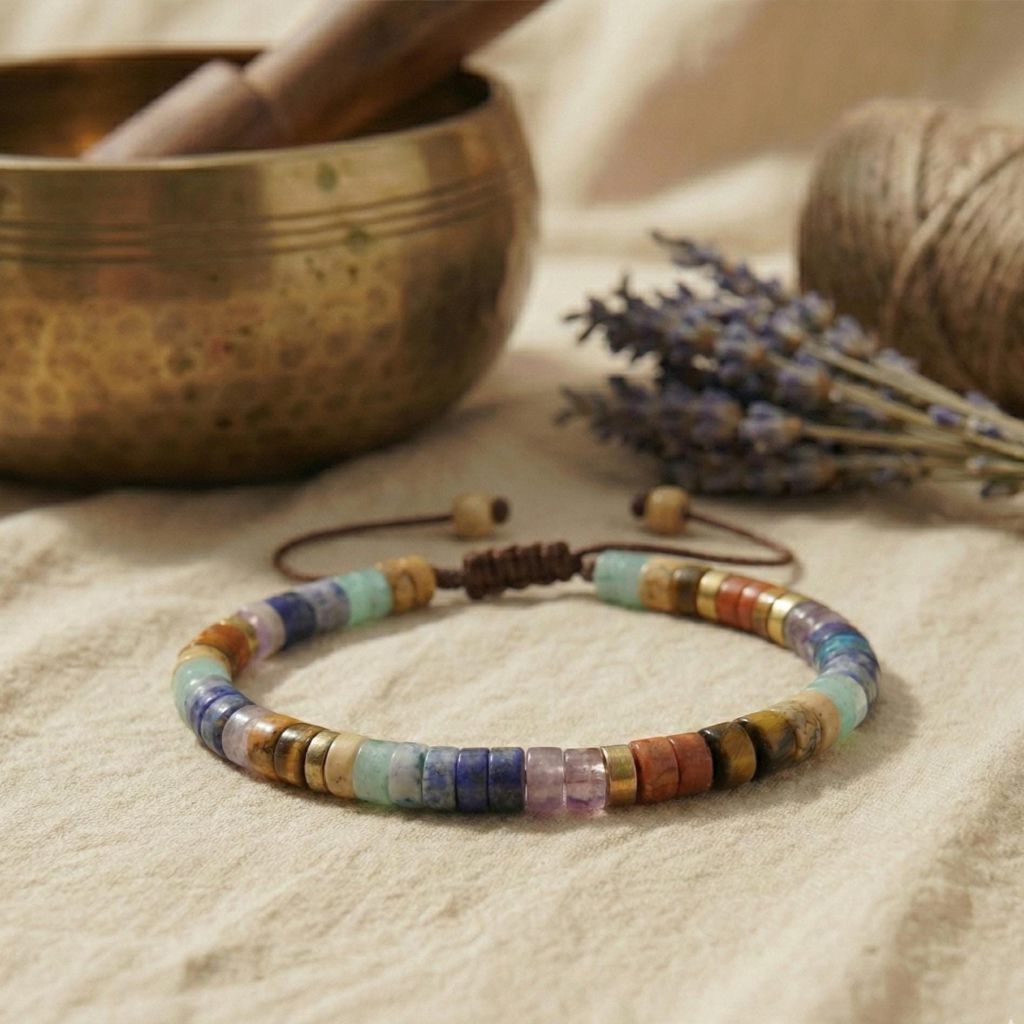 Zierliches Chakra-Armband aus echten Natursteinperlen in Regenbogenfarben – inspiriert von den sieben Energiezentren, minimalistisch & handgefertigt.