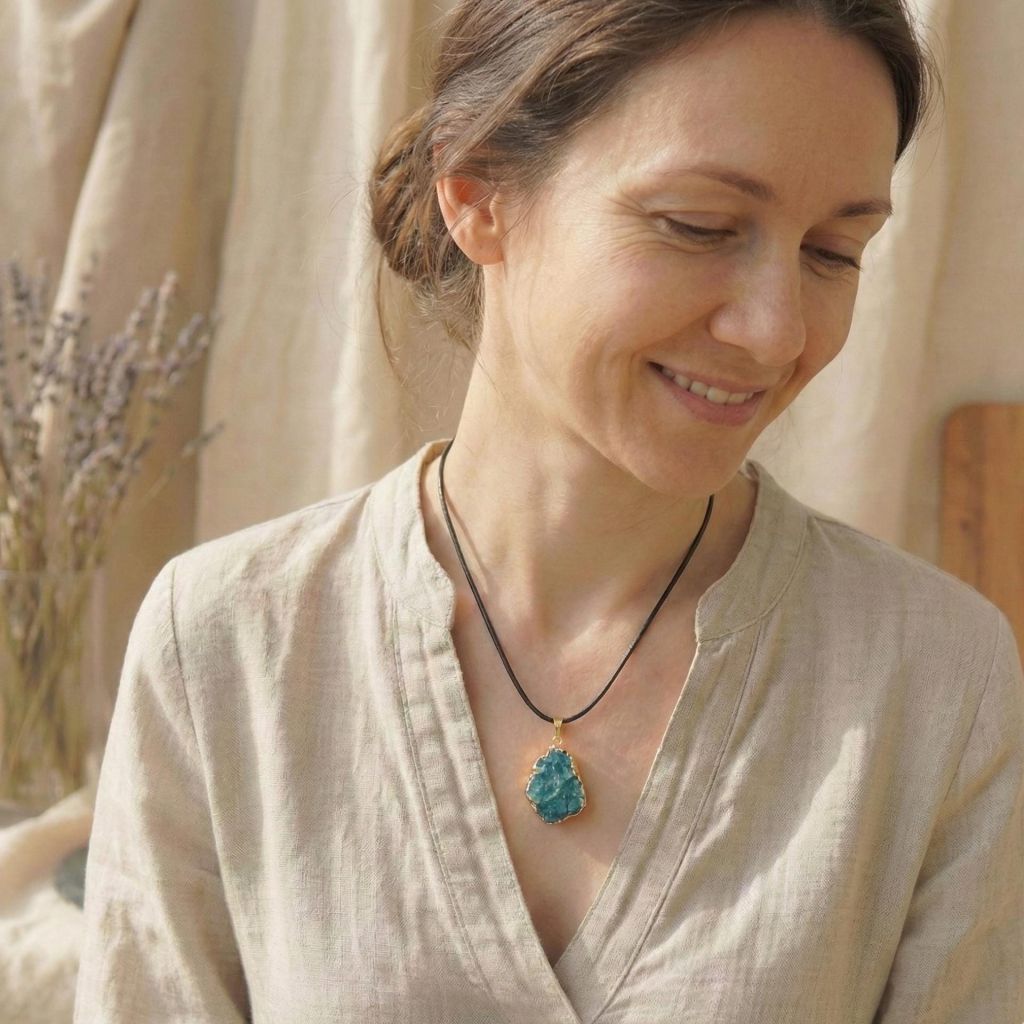 Blauer Apatit Anhänger in 7-steinigem Design für Meditation und Achtsamkeit.