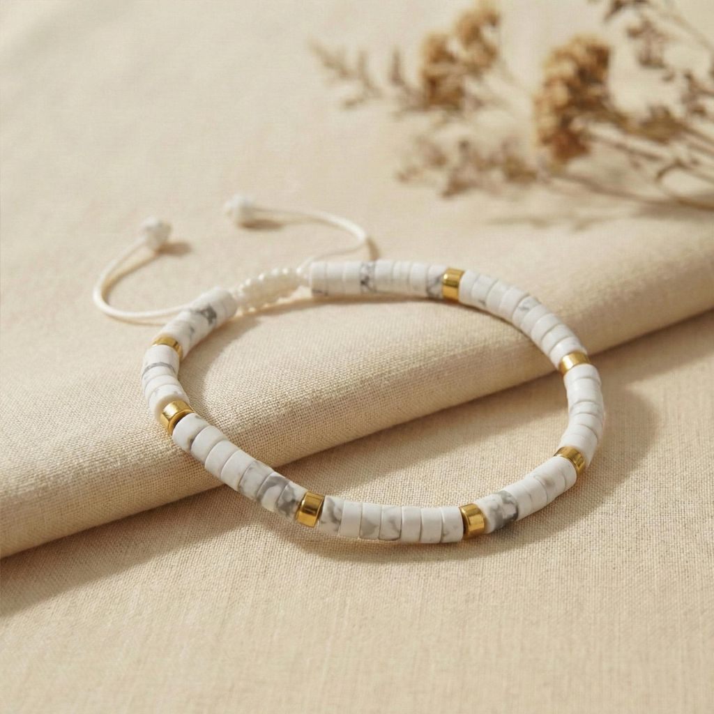 Zierliches Türkis-Armband aus echten Natursteinperlen in weiß – inspiriert von den sieben Energiezentren, minimalistisch & handgefertigt für Chakren-Arbeit.