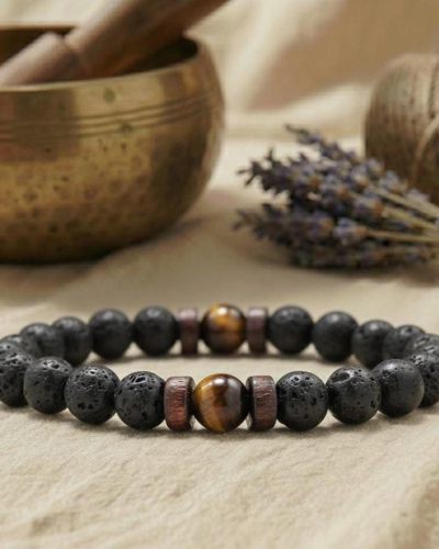 Lavastein Armband mit Tigerauge, Herren + Damen Stretcharmband schwarz braun, Naturstein Perlen, Yoga Schmuck, Fokus & M