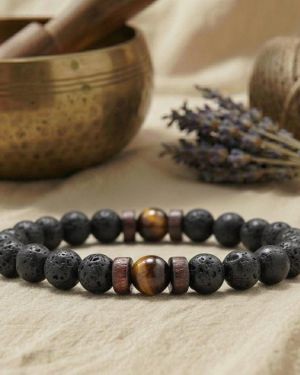 Lavastein Armband mit Tigerauge, Herren + Damen Stretcharmband schwarz braun, Naturstein Perlen, Yoga Schmuck, Fokus & M