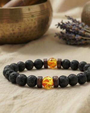 Lava Armband mit Honig Calcit, Naturstein Perlen gelb schwarz, Energie & Zuversicht Geschenk Männer Frauen