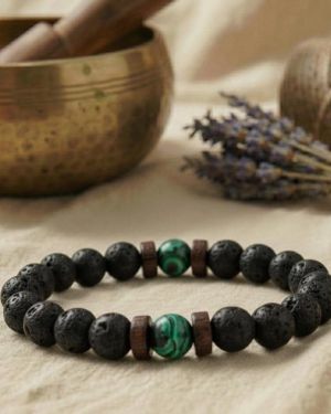 Lava Armband grüner Malachit Perlen, Yoga Stretcharmband für Herzchakra + Erdung, minimalistischer Schmuck, Geschenk für