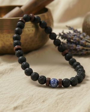 Lava Armband mit blauem Marmor, Naturstein Perlen blau schwarz, Erdung + Fokus Geschenk für Männer & Frauen