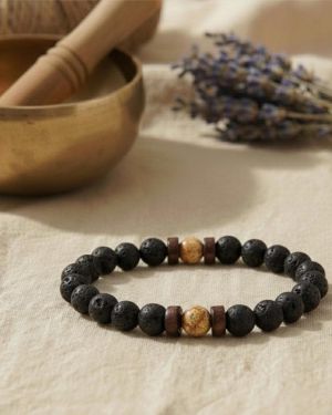 Lava Armband mit Bildstein, Naturstein Perlen braun schwarz, Erdung Schmuck Geschenk für Männer & Frauen