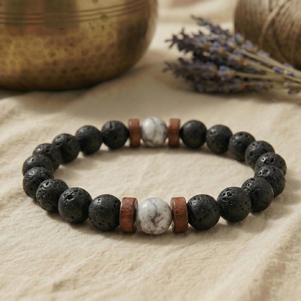Nahaufnahme des Lavastein-Armbands mit Fokus auf die porösen schwarzen Perlen und zwei glänzende graue Howlith-Steine.