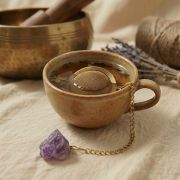 Goldenes Teesieb schwimmt in einer dampfenden Tasse Tee, der lila Amethyst liegt dekorativ daneben.