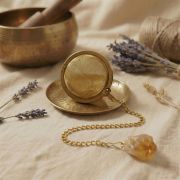 Goldenes Tee-Ei in einer Tasse mit hellem Kräutertee, der honiggelbe Citrin liegt dekorativ am Tassenrand.