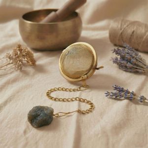 Eine Hand füllt mit einem Holz-Löffel dunkle, lose Earl-Grey-Teeblätter in die offene Hälfte eines goldenen Tee-Eis, an dessen Kette ein Labradorit-Rohstein hängt.