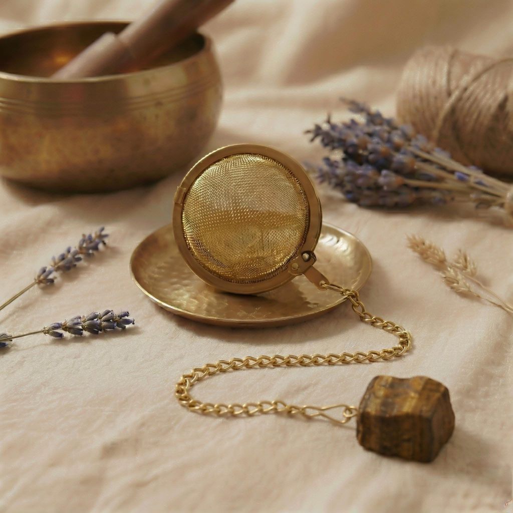 Arrangement aus goldenem Teesieb, Tigerauge und Lavendel.