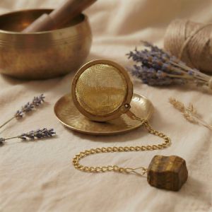 Arrangement aus goldenem Teesieb, Tigerauge und Lavendel.