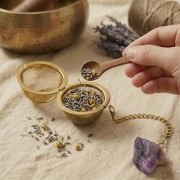 Eine Hand füllt mit einem Holz-Löffel getrockneten Lavendel in ein goldenes Tee-Ei mit Amethyst-Anhänger.