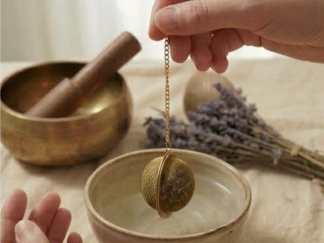 Arrangement aus goldenem Teesieb, Amethyst, getrocknetem Lavendel und einer tibetischen Klangschale im Hintergrund.
