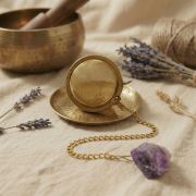 Arrangement aus goldenem Teesieb, Abtropfschale, Amethyst, getrocknetem Lavendel und einer tibetischen Klangschale im Hintergrund.