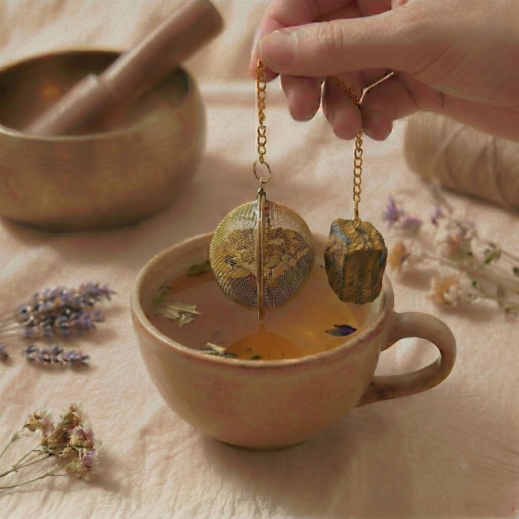 Ein goldenes, rundes Teesieb mit Tigerauge Edelstein wird an einer Kette über eine handgetöpferte Keramikschale mit Wasser gehalten.