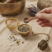 Eine Hand füllt mit einem Holz-Löffel getrockneten Lavendel in ein goldenes Tee-Ei mit Tigerauge-Anhänger.