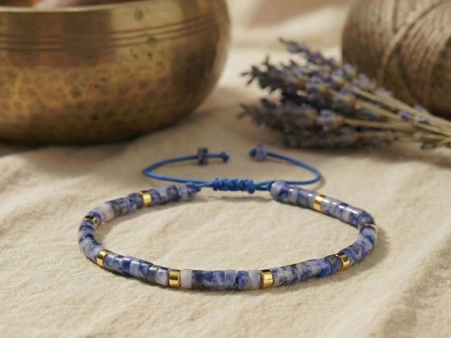 Kyanit Armband aus blauen Flachperlen mit goldenen Akzenten auf einem neutralen Hintergrund.