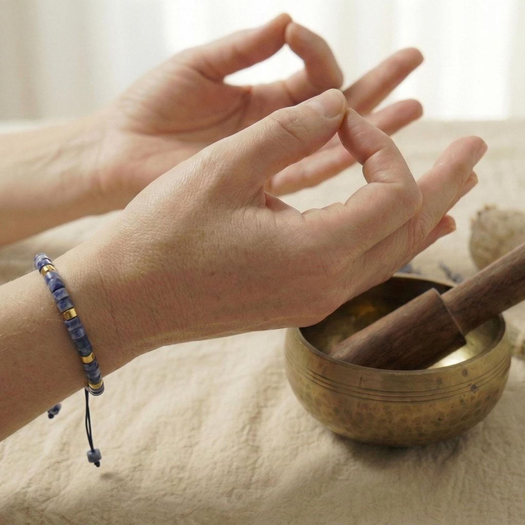 Hände in Meditationshaltung mit Kyanit Armband in Nahaufnahme.