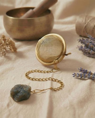 Labradorit Tee Ei Edelstahl Gold, Teesieb mit Naturstein Kristall, Geschenk für Intuition & Magie, Yoga Zubehör, Spirituelles Ritual