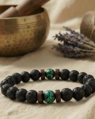 Malachit Armband Lava Perlen, Yoga Stretcharmband für Herzchakra, Unisex Geschenk