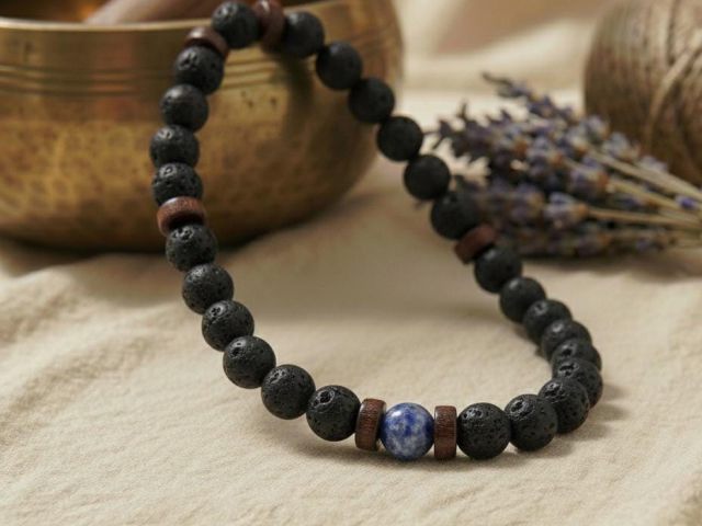 Nahaufnahme des Lava Armbands mit blauem Marmor auf beigem Hintergrund