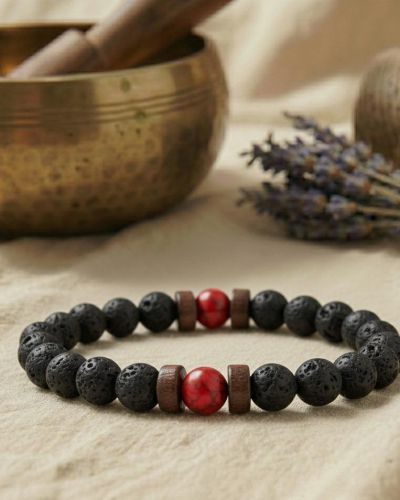 Lava Armband roter Jaspis Perlen, Unisex Yoga Stretcharmband für Wurzelchakra +Vitalität, minimalistischer Schmuck, Geschenk Männer & Frauen
