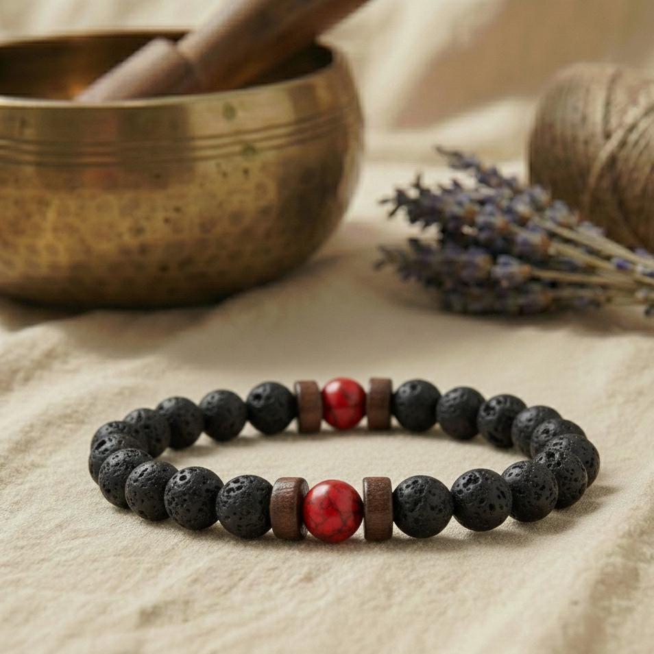 Lava Armband mit rotem Jaspis und Lavastein, ideal für Yoga und Erdung.