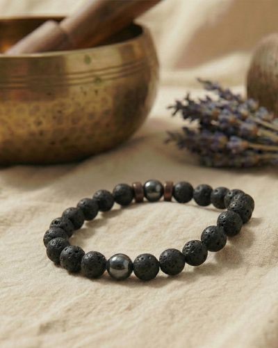 Lava Armband schwarz Naturstein Perlen, Unisex Stretcharmband für Yoga & Erdung, minimalistischer Schmuck, Geschenk für Männer und Frauen