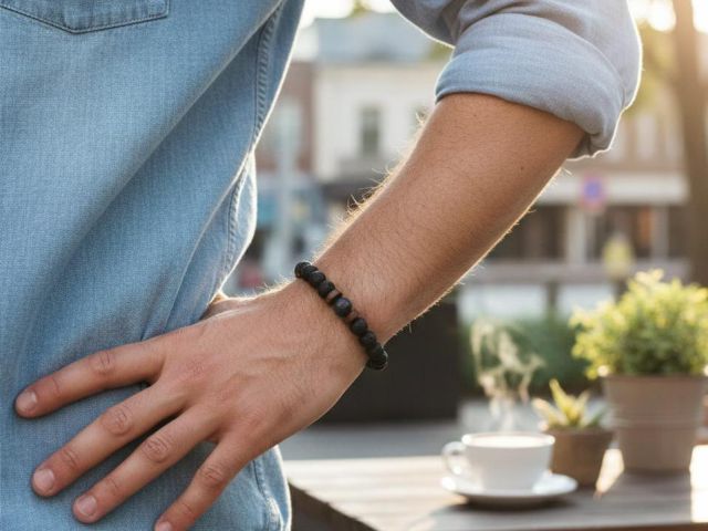 Lava Armband aus schwarzen Natursteinperlen, getragen am Handgelenk in natürlicher Umgebung.
