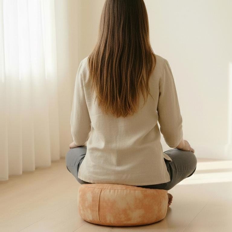 Meditationskissen in Orange mit einer sitzenden Person im Hintergrund, ideal für Yoga und Meditation.