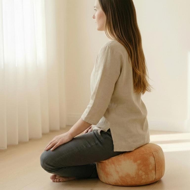 Meditationskissen in Orange, ideal für Yoga und Achtsamkeit, in Sitzposition genutzt.