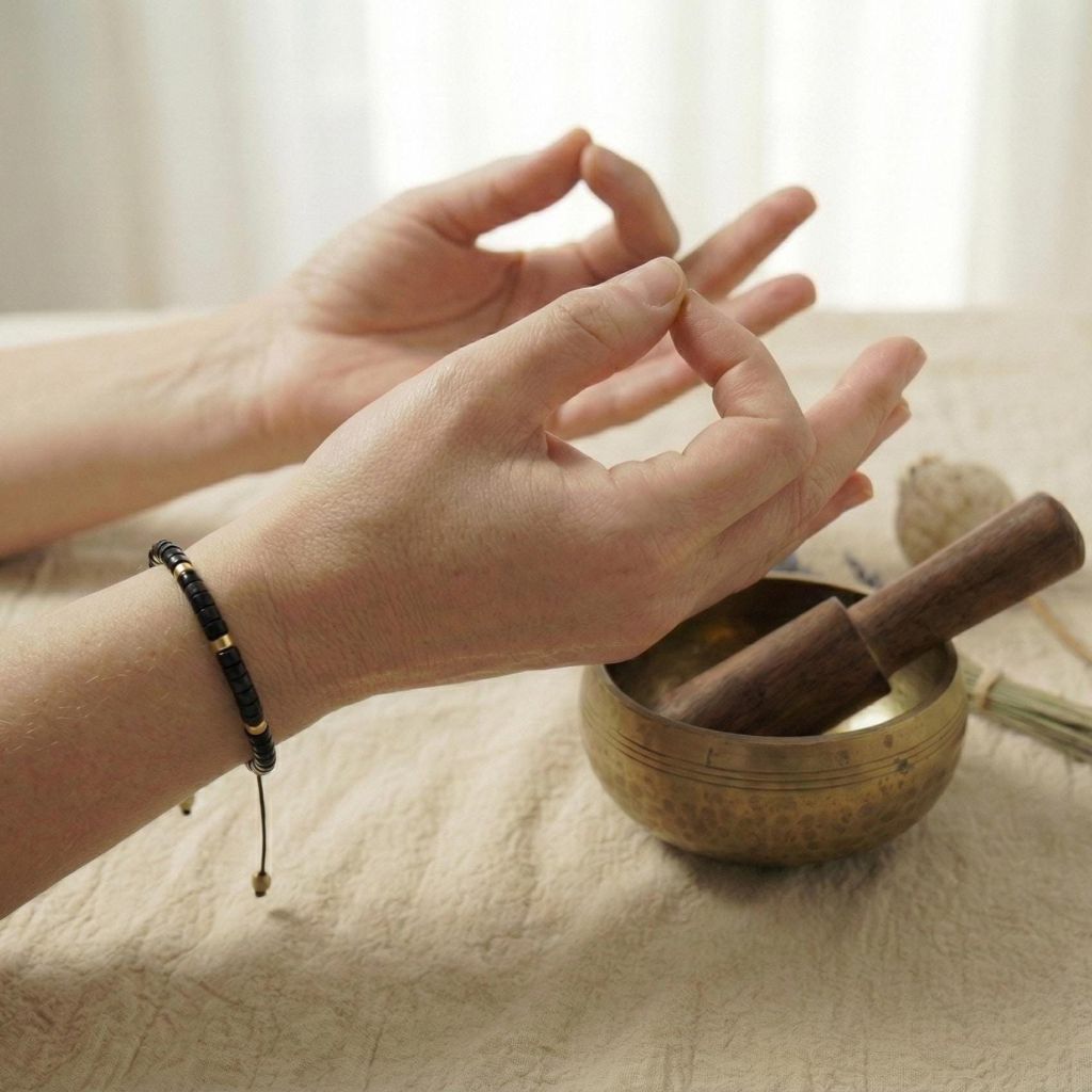 Schwarzer Jaspis Armband aus Flachperlen während einer Meditationsübung.