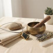Schwarzer Turmalin Anhänger in Goldfassung auf einem Tisch mit weiteren spirituellen Gegenständen.