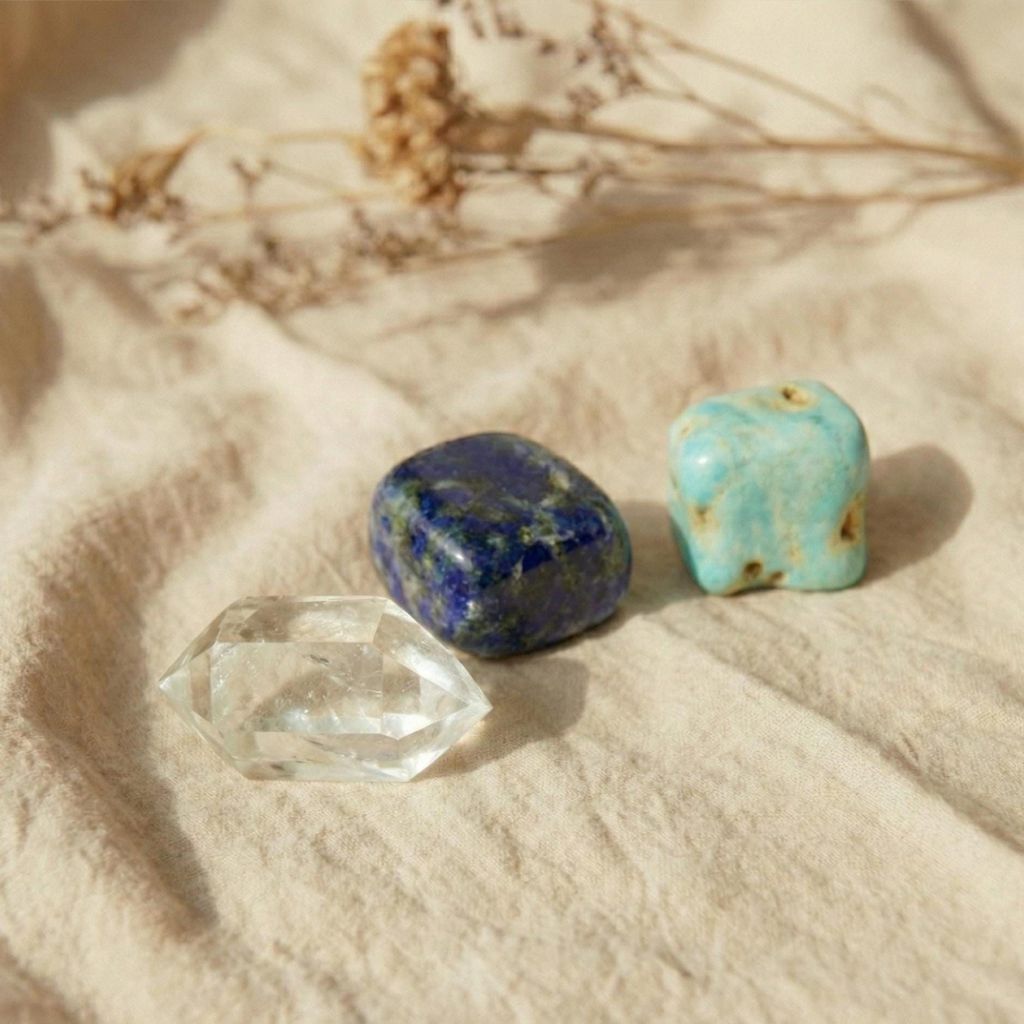 Nahaufnahme der Wassersteine Lapislazuli, Aragonit und Quarz auf einem Stoffuntergrund.
