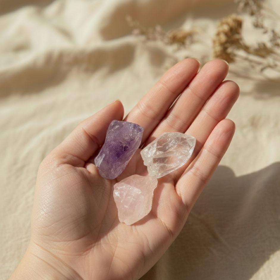 Hand mit Rosenquarz, Amethyst und Bergkristall für Herzöffnung und Vertrauen.