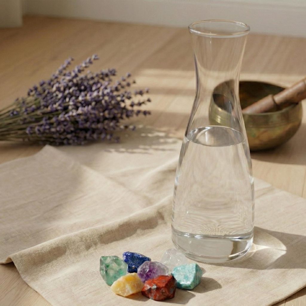 Set aus 7 Rohsteinen für energetisiertes Wasser mit Karaffe und Lavendel