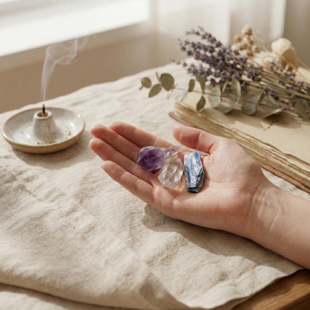 Hand mit Amethyst, Bergkristall und Kyanit auf einem natürlichen Stoffuntergrund.