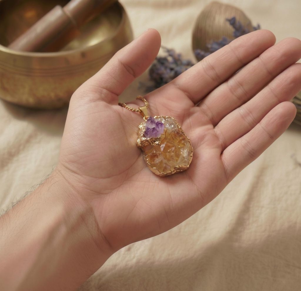 Hand präsentiert den rohen Edelstein Anhänger mit Citrin und Amethyst vor einer Meditationskulisse mit Sukkulente.