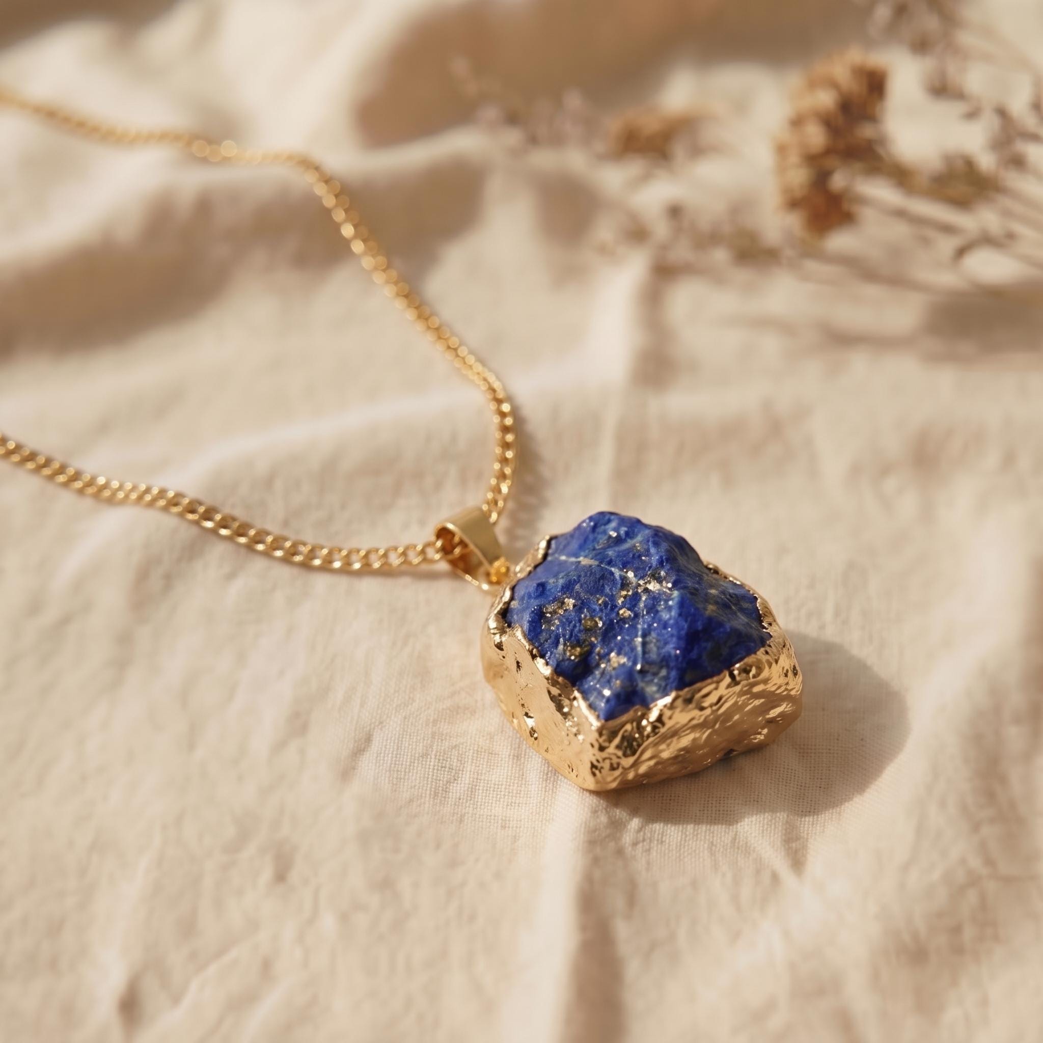 Lapislazuli Kette mit goldfarbenem Anhänger, getragen von einer Frau.