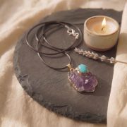 Amethyst Kette mit Türkis Anhänger auf schwarzem Schiefer Hintergrund