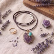 Amethyst Kette mit Türkis Anhänger auf einem Tisch mit Lavendel