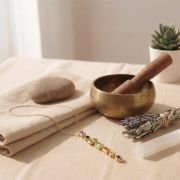 Chakra Halskette Gold mit 7 Steinen auf einem Tisch mit Naturmaterialien