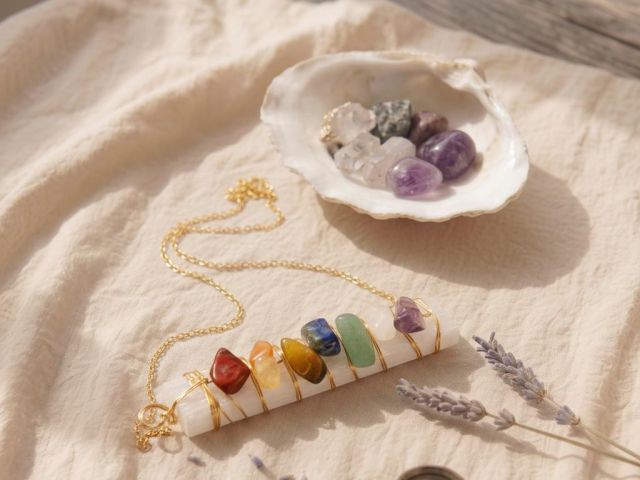Chakra Selenit Kette Anhänger auf einem Tisch mit Natursteinen und Lavendel.