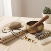 Chakra Selenit Kette Anhänger mit Natursteinen in meditativer Umgebung