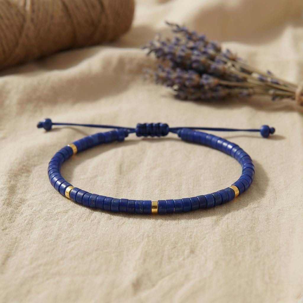 Nahaufnahme eines Lapis Lazuli Armbands mit goldenen Akzenten und Heishi-Perlen.