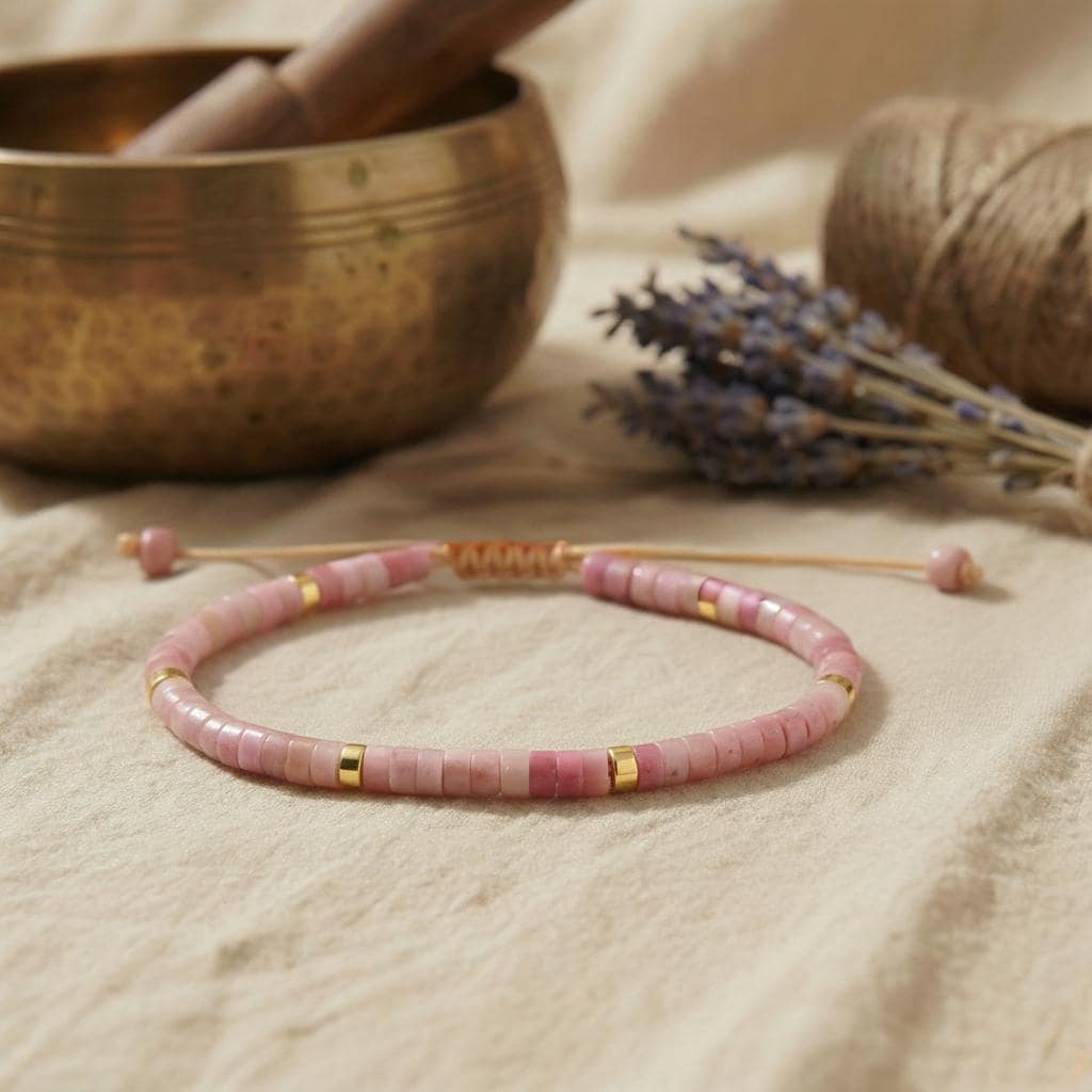 Rhodonit Armband mit rosa Perlen und goldenen Akzenten auf hellem Hintergrund.