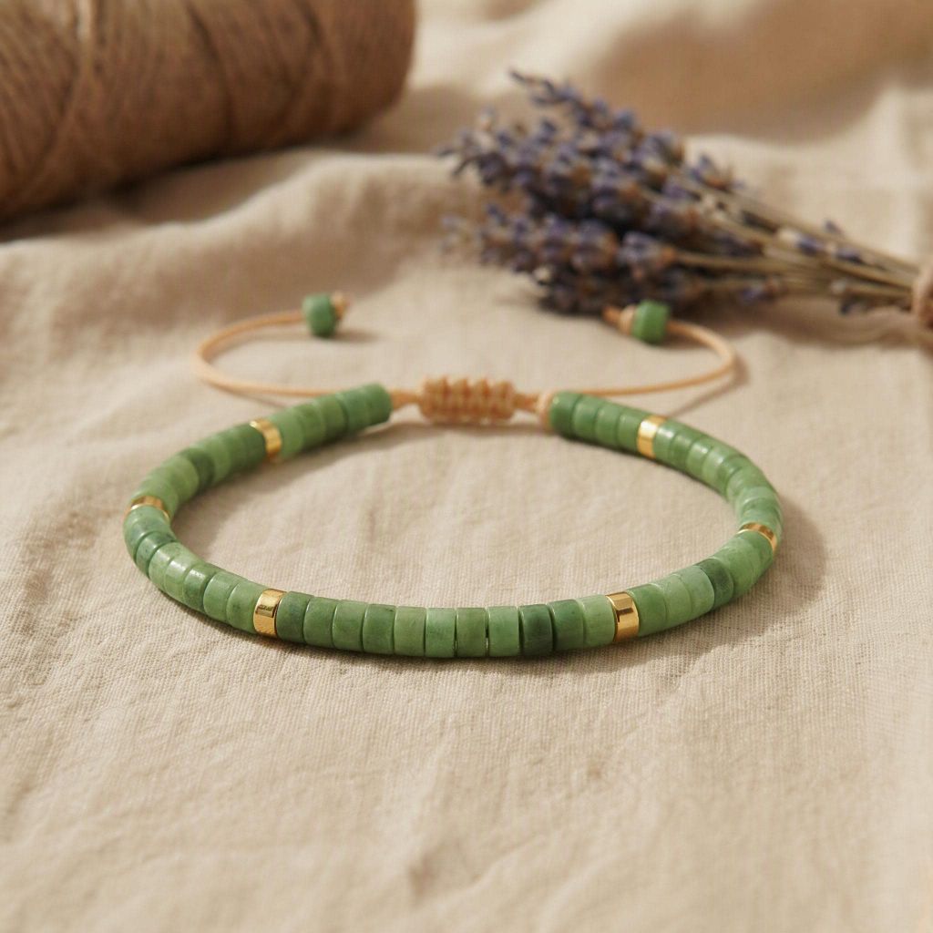 Detailaufnahme des Serpentin Armbands mit grünen Flachperlen und goldenen Akzenten